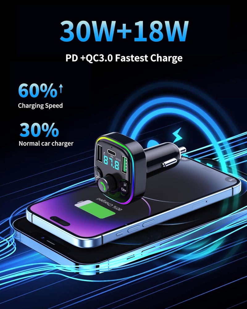 GXY KIT Bluetooth 5.4 FM Transmitter Car Adapter - Car Bluetooth Adapter with Fast Charger[PD 30W & QC3.0 18W],Hi-Fi Audio & Clear Calls,7 Colors LED Backlit - Image 3
